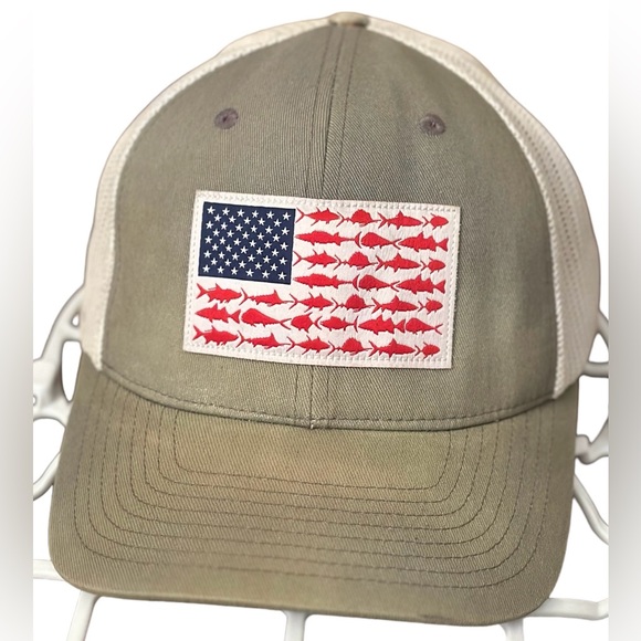 Columbia PFG American Flag Fish Pattern Meshback Hat Fitted Size L/XL - Picture 2 of 5